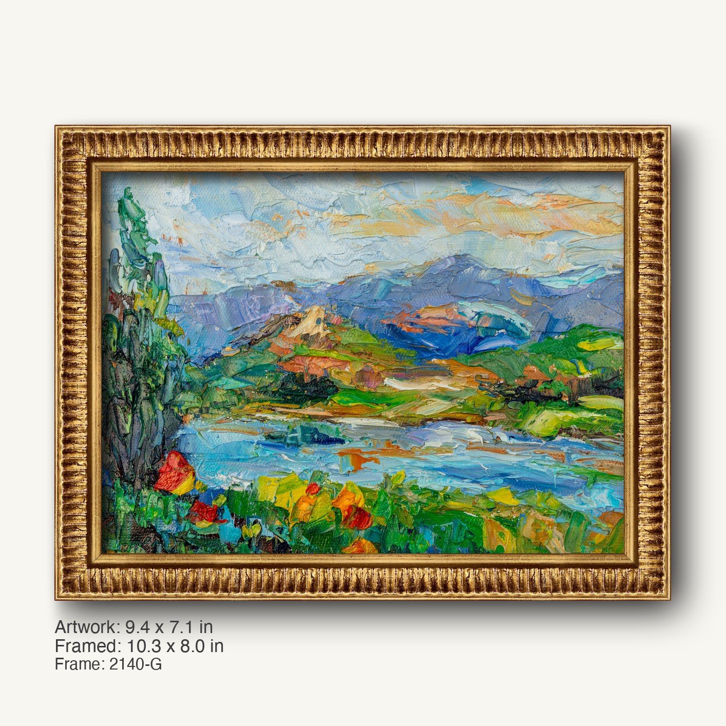 Impasto oil painting of a mountain river landscape in a warm gold ornate frame, featuring textured brushwork and vibrant blues, greens, and yellows
