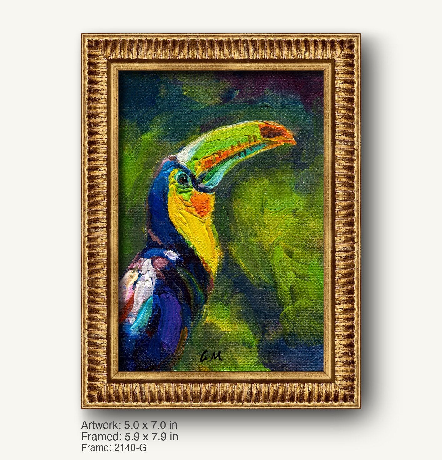 Vibrant oil painting of a toucan in a warm gold ornate frame, featuring bold green, blue, and yellow hues on canvas, signed by artist, vertical composition