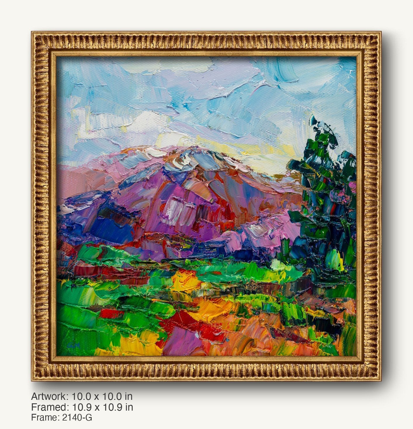 Vibrant autumn mountain landscape painting in a warm gold ornate frame, featuring expressive brushstrokes and rich hues of purple, green, and blue on canvas