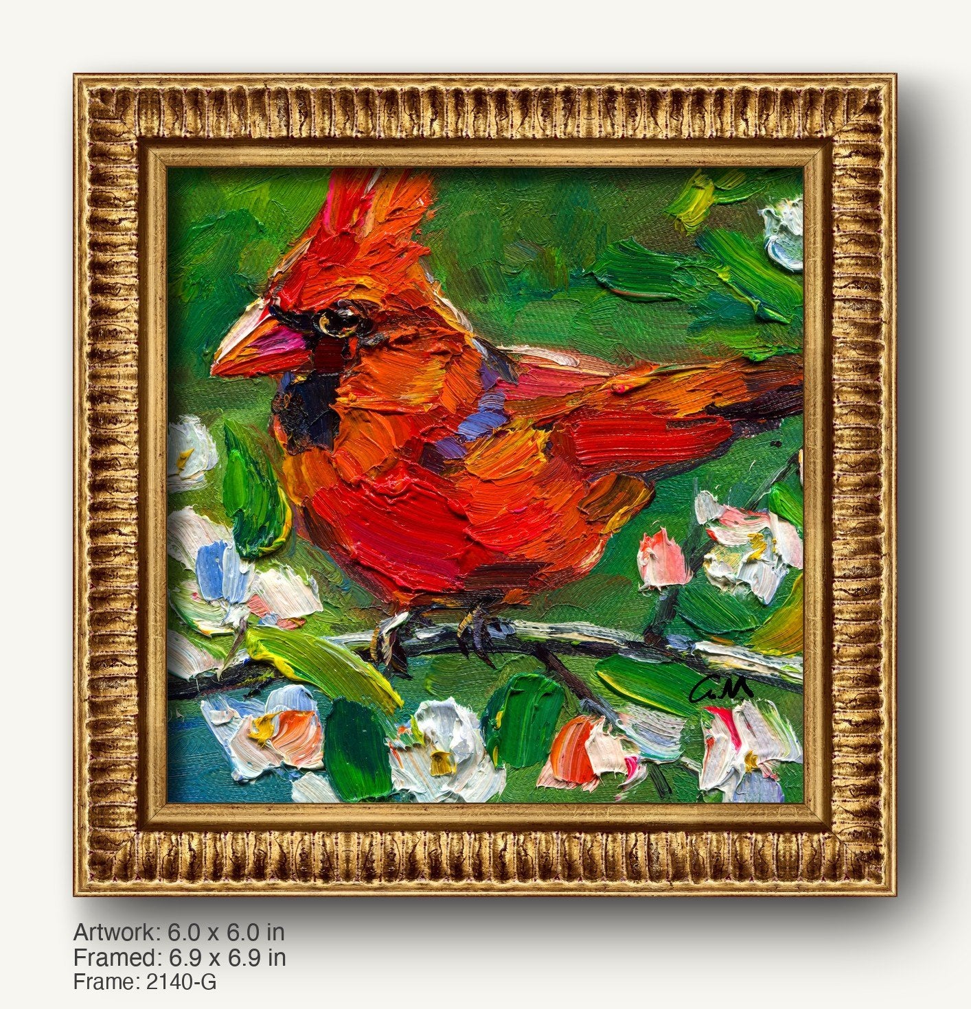 Vibrant oil painting of a red cardinal perched on a branch with white flowers, set in a warm gold ornate frame with textured profile, showcasing thick impasto brushwork.