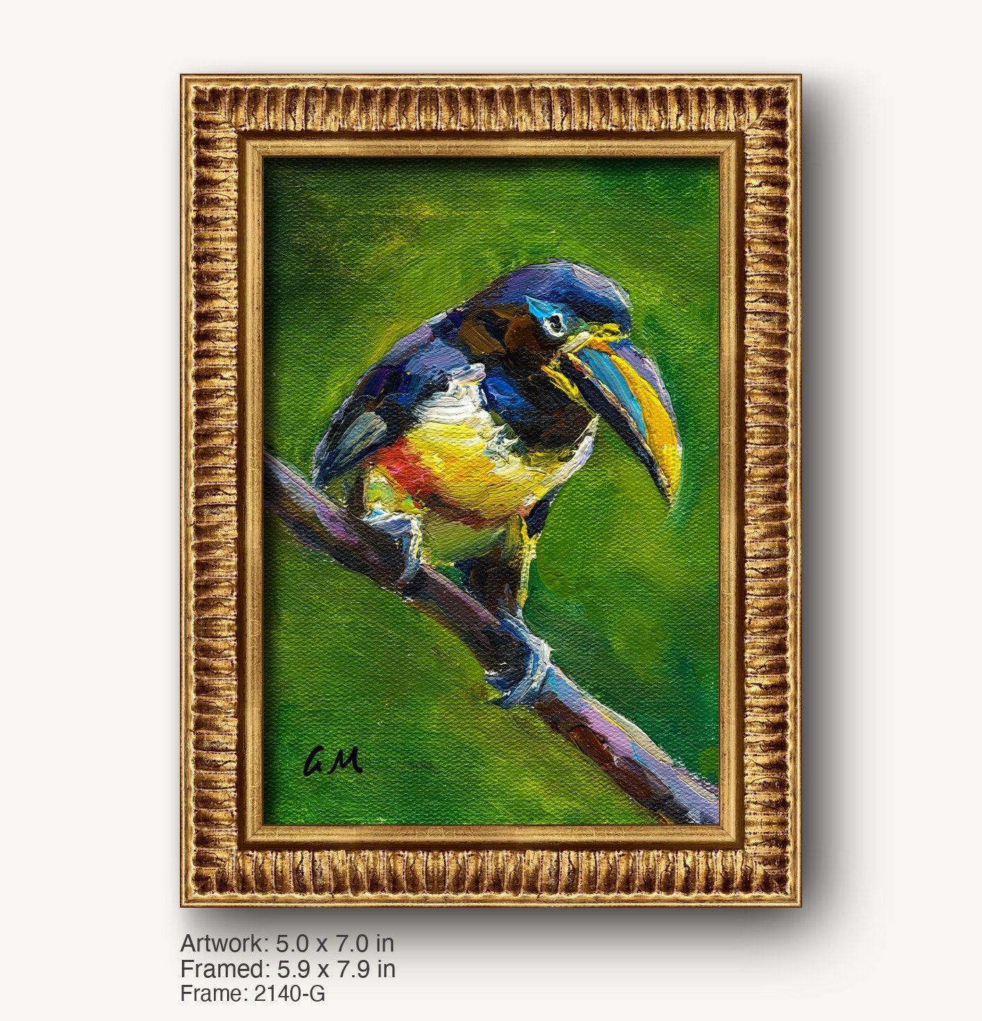 Vibrant hand-painted toucan portrait in warm gold ornate frame, perched on branch against green background, vertical composition with artist initials