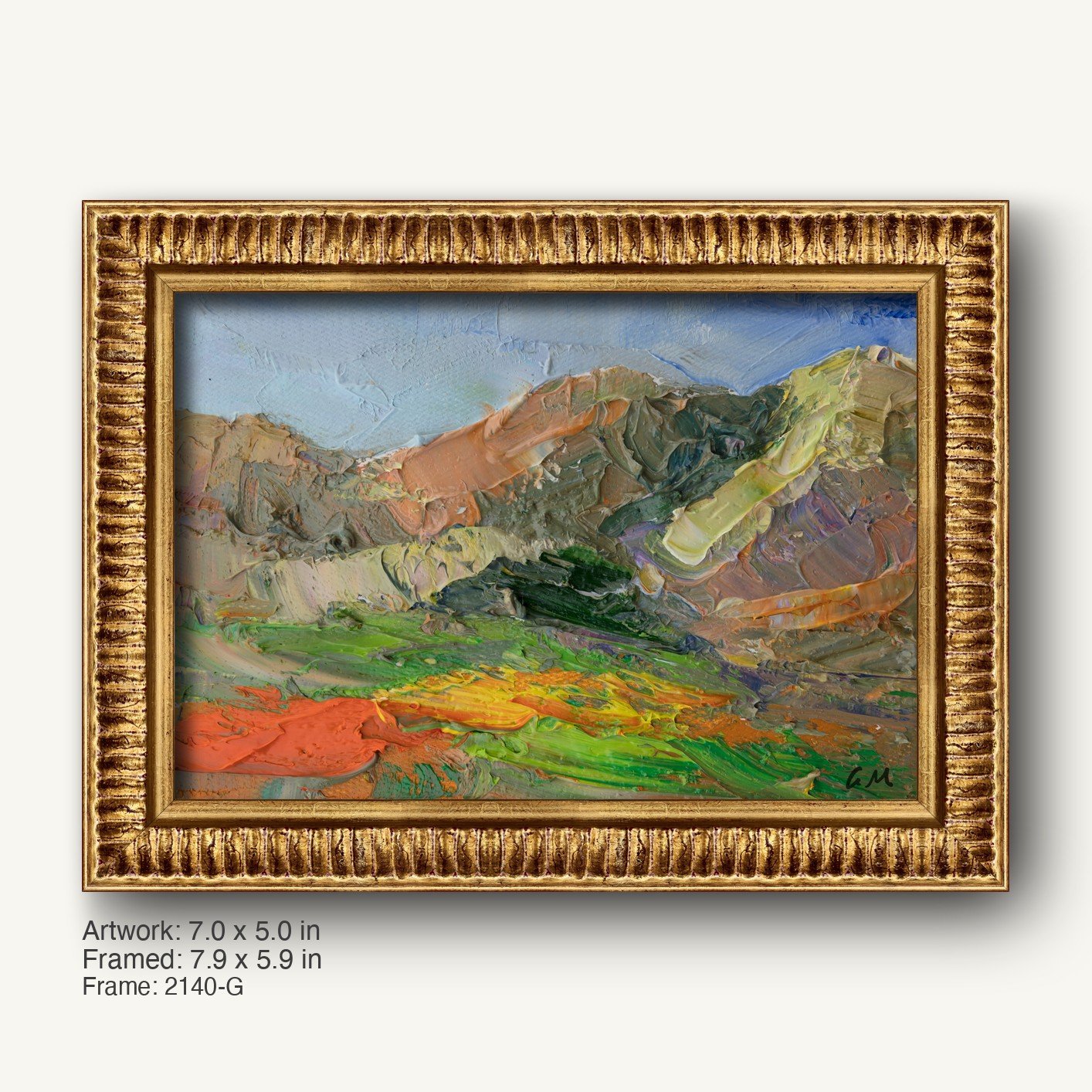 Vibrant desert canyon landscape painting in a warm gold ornate frame, horizontal composition with textured oil brushwork on canvas