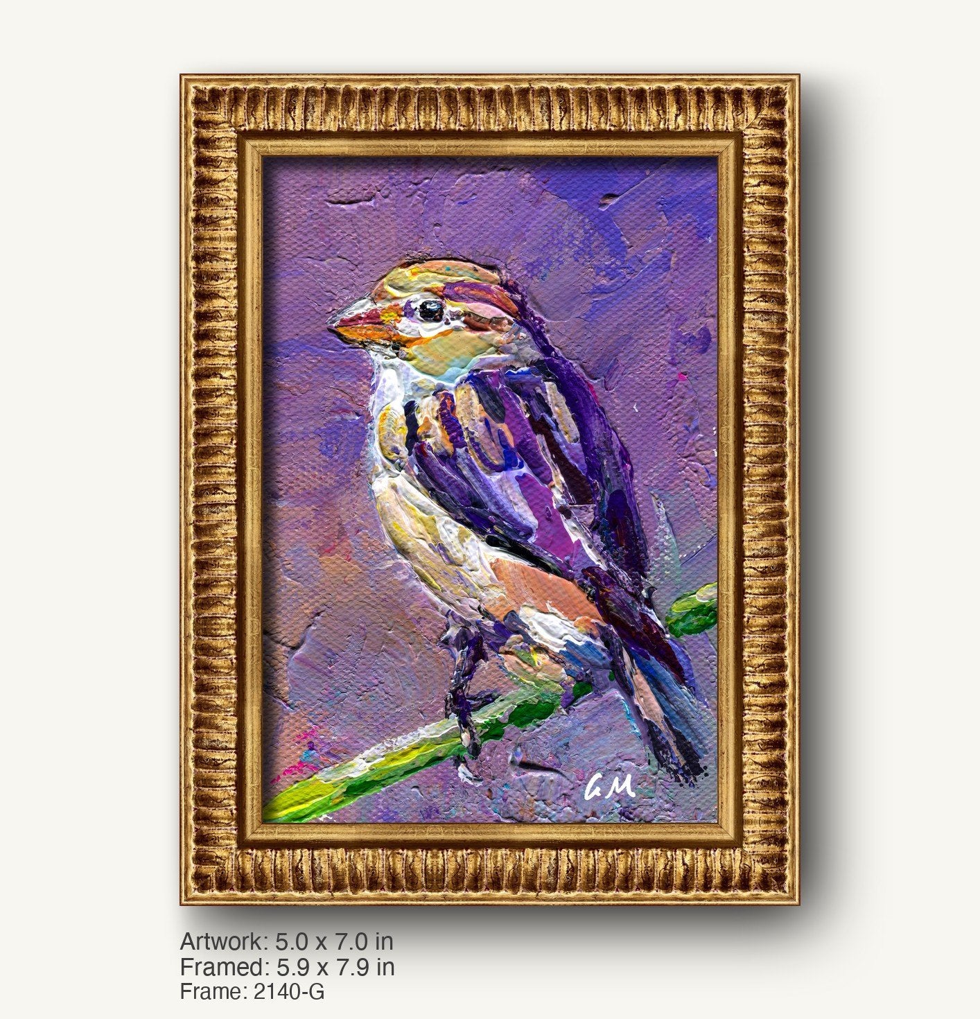 Textured oil painting of a colorful bird perched on a branch, set in a warm gold ornate frame with vertical composition and expressive brushwork