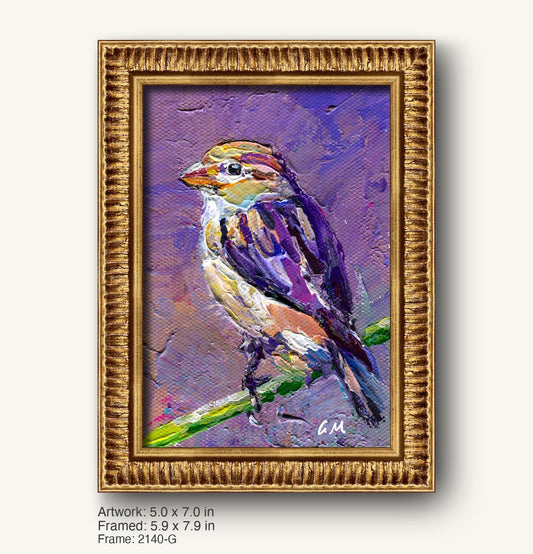 Textured oil painting of a colorful bird perched on a branch, set in a warm gold ornate frame with vertical composition and expressive brushwork