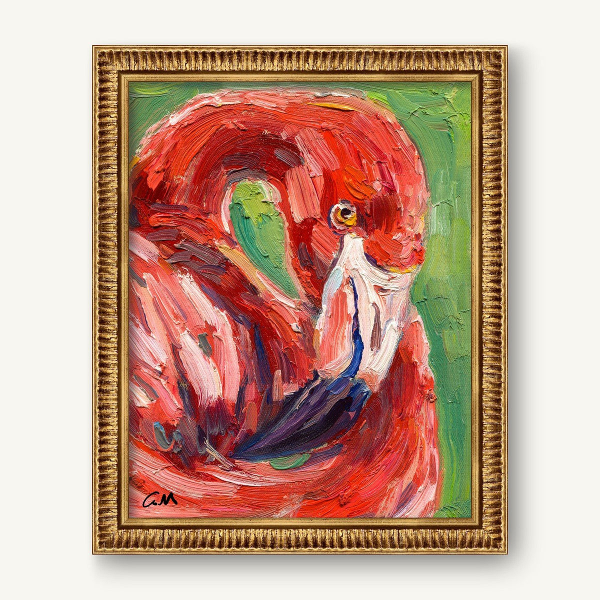 Vibrant hand-painted flamingo portrait in gold frame, expressive oil brushwork on canvas, red and green tones, signed by artist