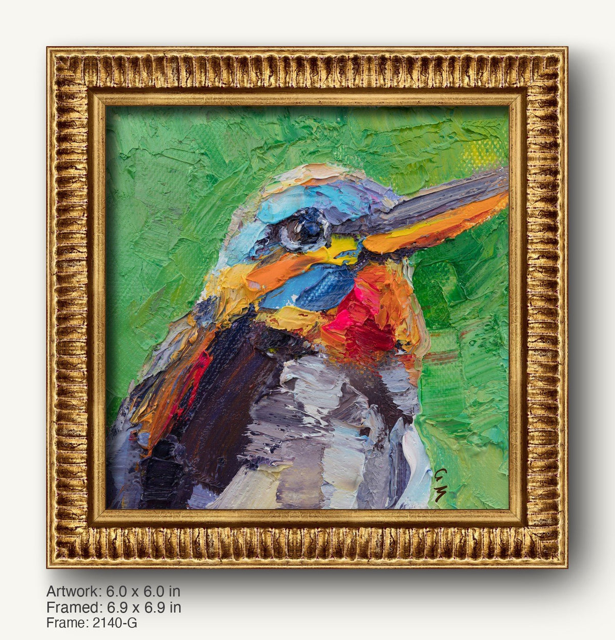 Expressive oil painting of a colorful bird on canvas, framed in ornate warm gold frame with textured ridged profile, set against green background