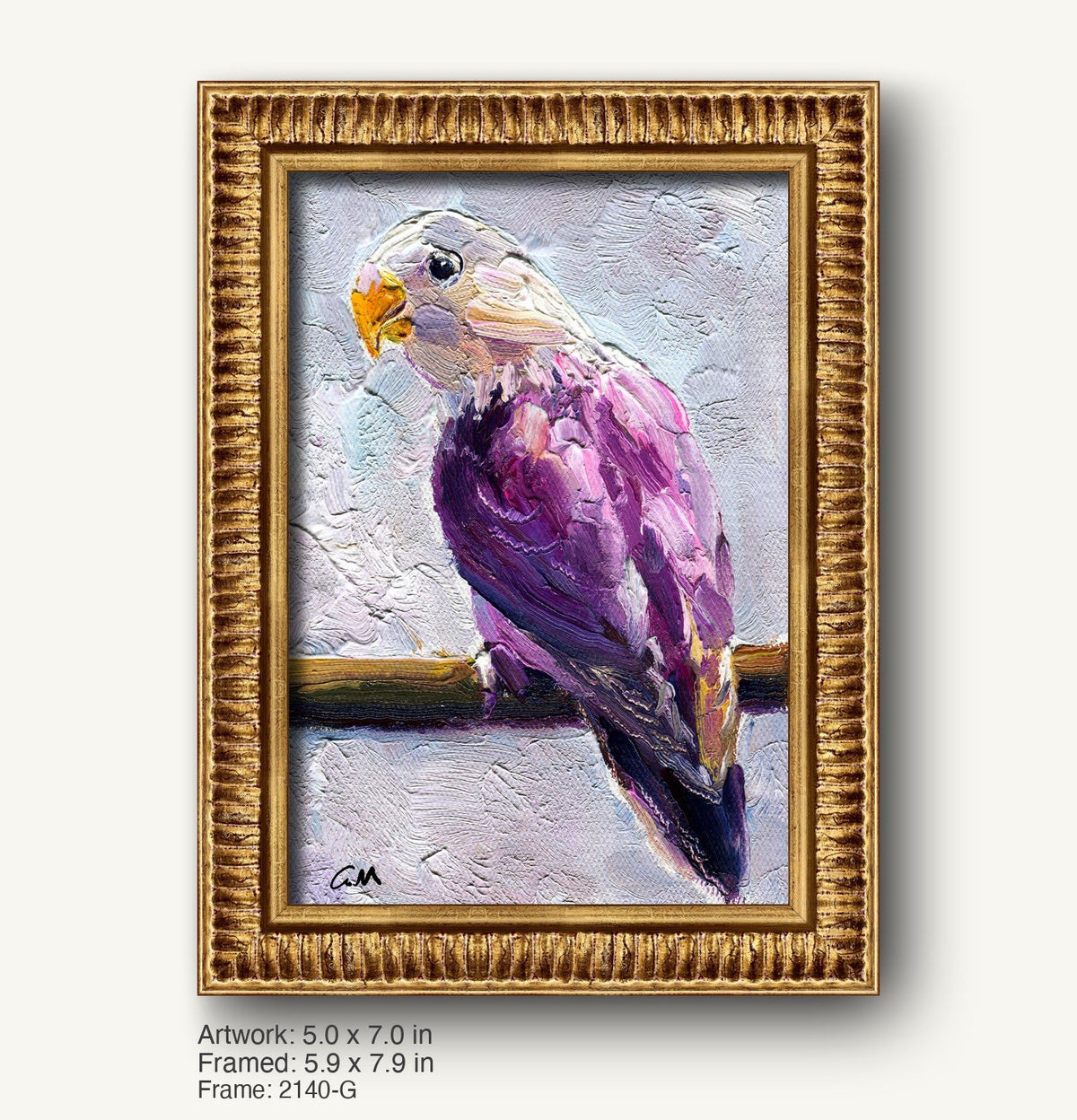 Textured oil painting of a purple parrot by George Miller in a warm gold ornate frame, vertical composition with visible brushwork and signature