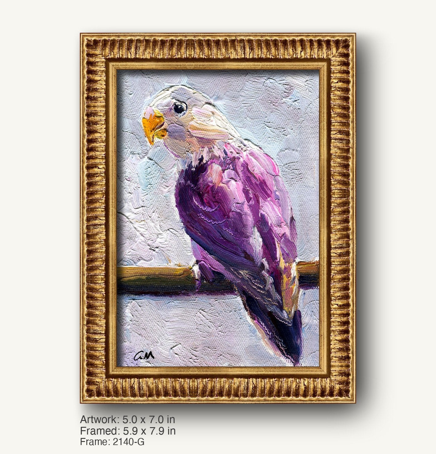 Textured oil painting of a purple parrot by George Miller in a warm gold ornate frame, vertical composition with visible brushwork and signature