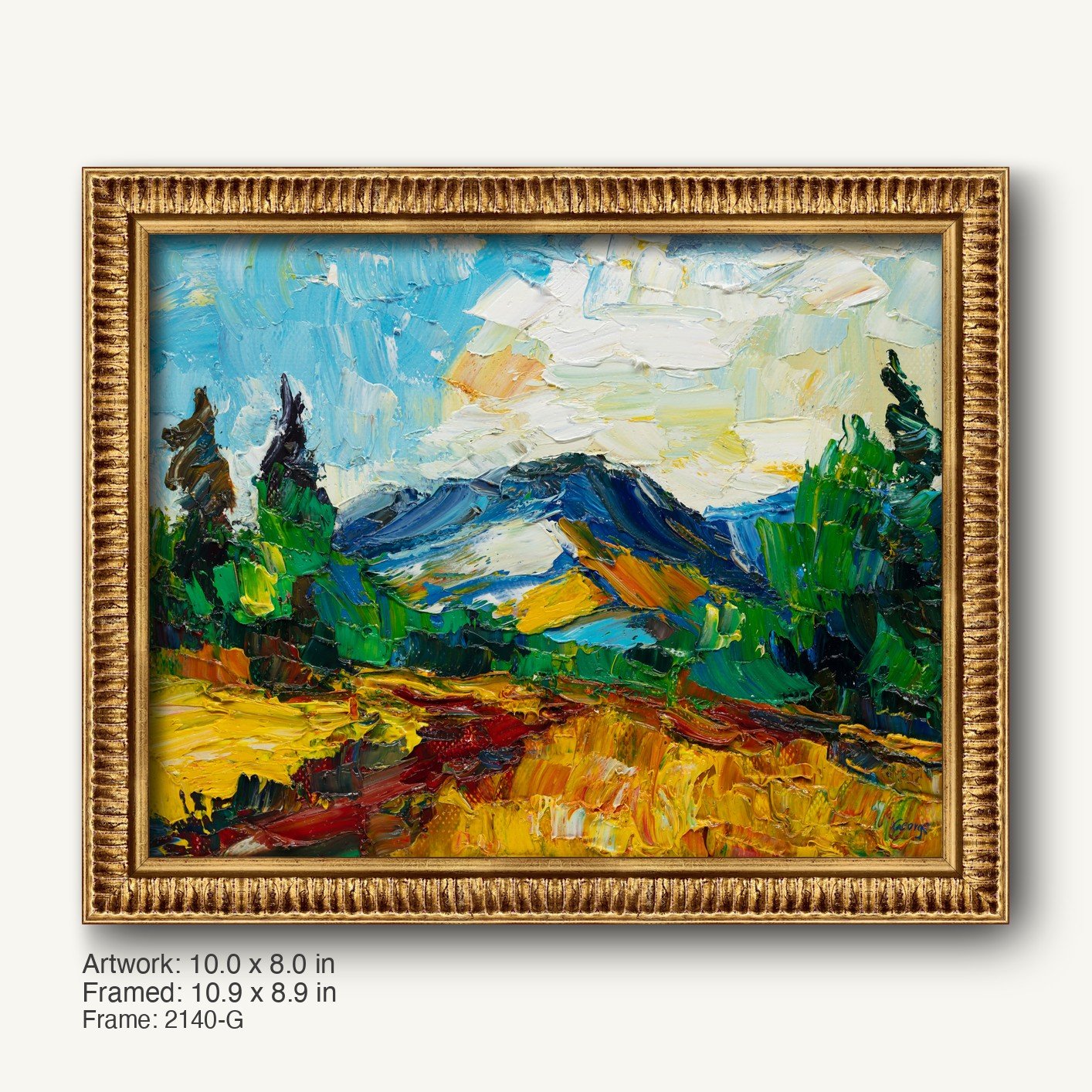 Vibrant oil painting of a mountain landscape with bold impasto texture, framed in ornate warm gold frame with ribbed profile, showcasing expressive blues, greens, and yellows