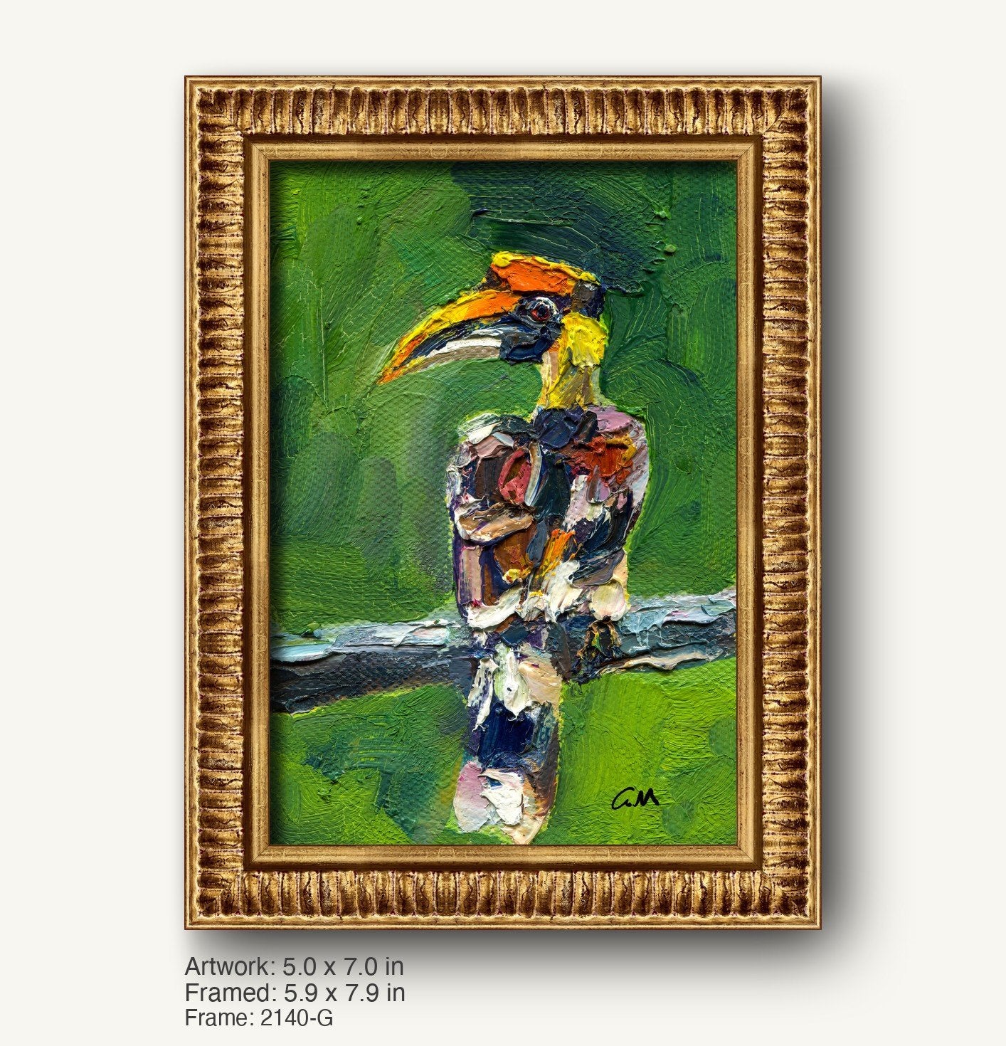 Vibrant oil painting of a toucan perched on a branch, set in a warm gold ornate frame with textured profile, against a lush green jungle backdrop