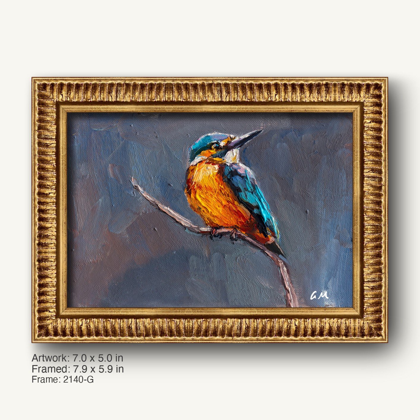 Hand-painted kingfisher bird in vibrant blue and orange perched on a branch, set in a warm gold ornate frame with textured profile, vertical composition