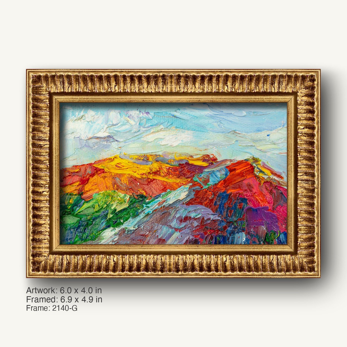 Vibrant abstract landscape oil painting in warm gold ornate frame, featuring bold red, yellow, and blue hues on canvas, horizontal composition with textured brushwork