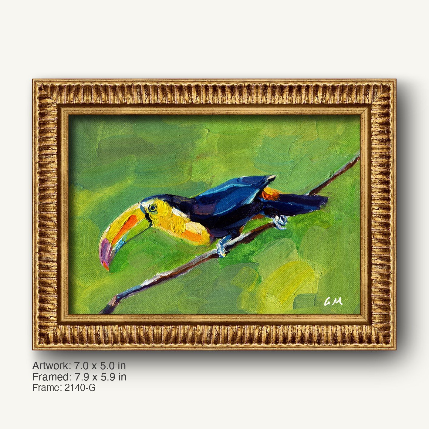 Vibrant oil painting of a toucan perched on a branch, framed in ornate warm gold with textured profile, set against a lush green background