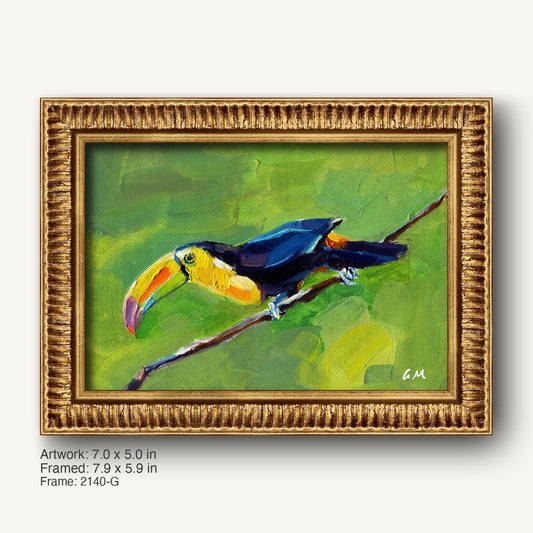 Vibrant oil painting of a toucan perched on a branch, framed in ornate warm gold with textured profile, set against a lush green background