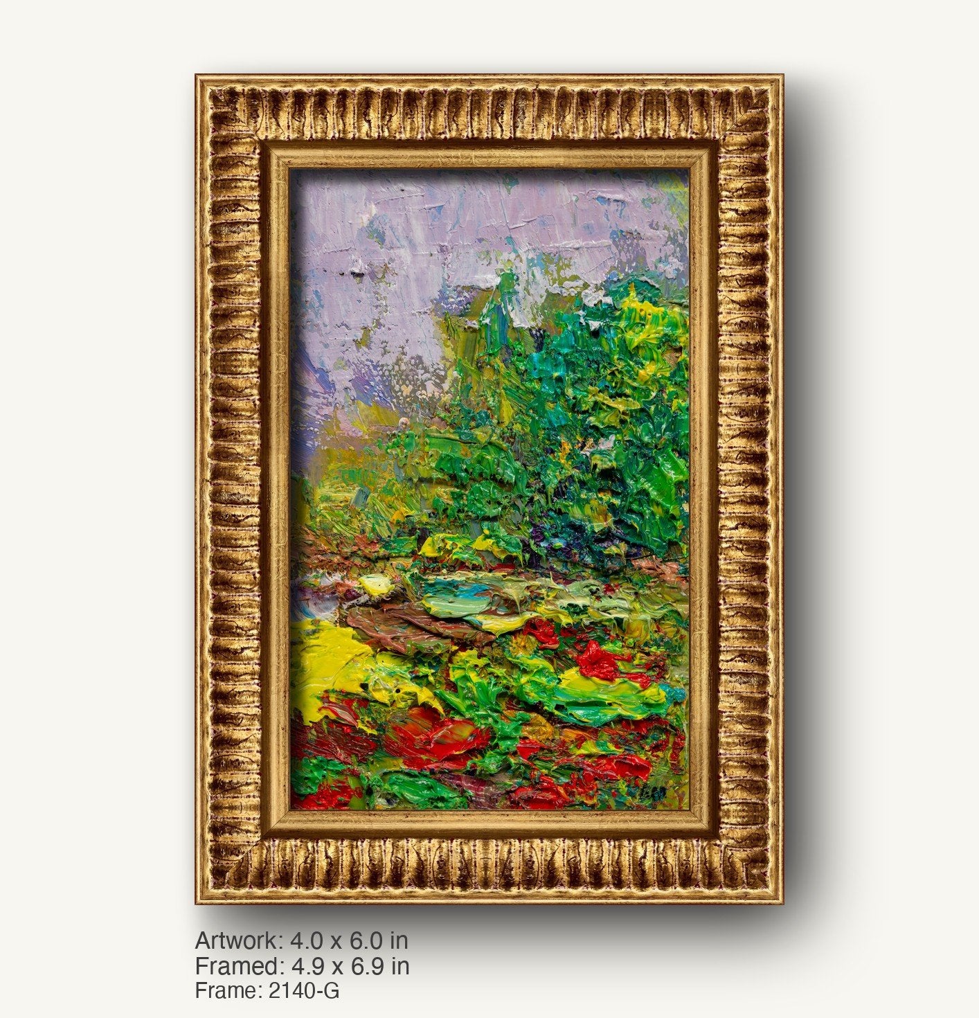 Vibrant expressionist garden scene in oil on canvas, framed in ornate warm gold frame with textured ridged profile, vertical composition