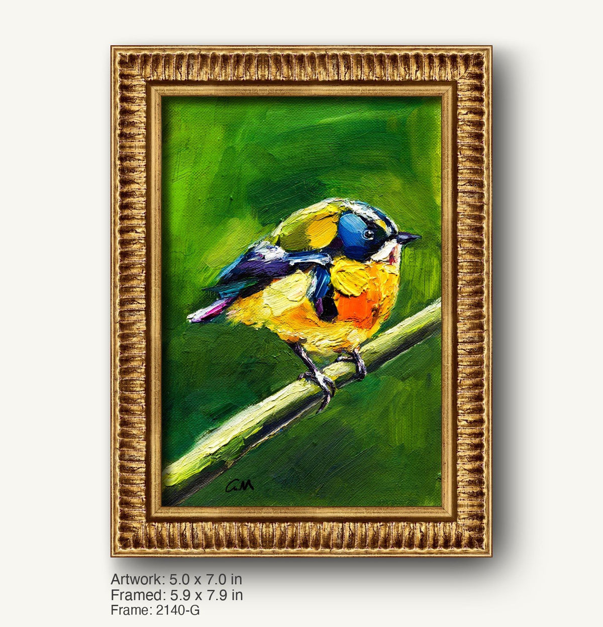 Vibrant hand-painted bird perched on a branch, set in a warm gold ornate frame with textured profile, against a lush green background