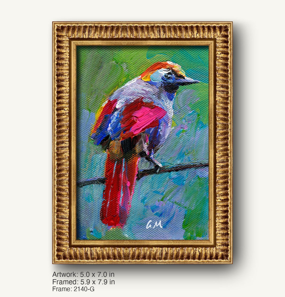 Vibrant oil painting of a colorful bird perched on a branch, framed in ornate warm gold with textured profile, vertical composition