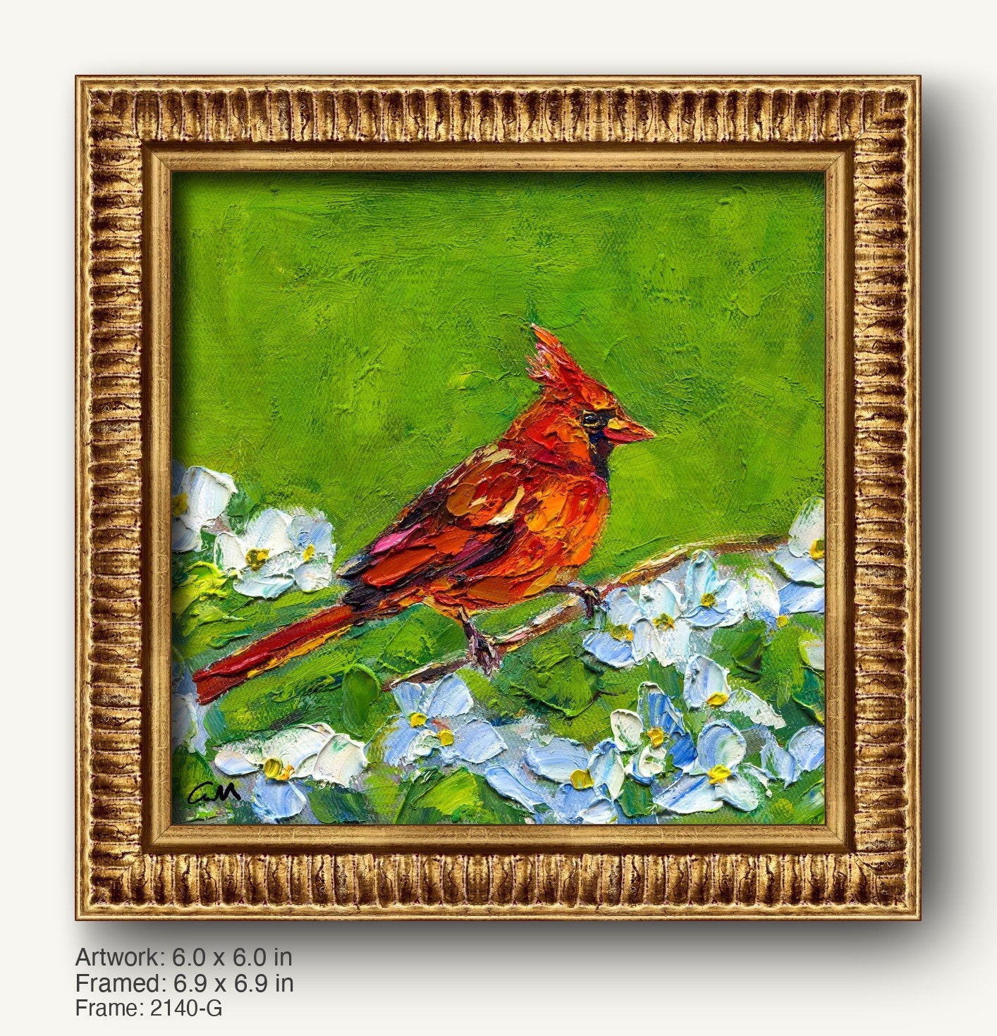 Vibrant oil painting of a red cardinal perched on blossoming branch, framed in ornate warm gold frame with textured profile, set against green background