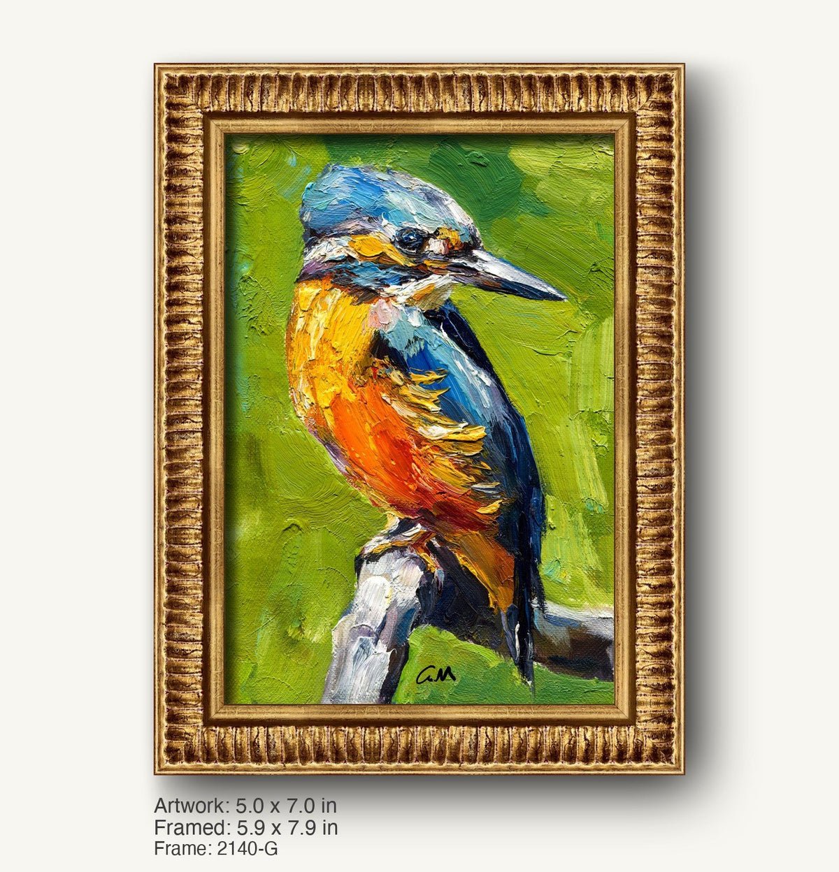 Vibrant oil painting of a kingfisher bird in a warm gold ornate frame, featuring rich blue, orange, and green hues on canvas, signed by artist