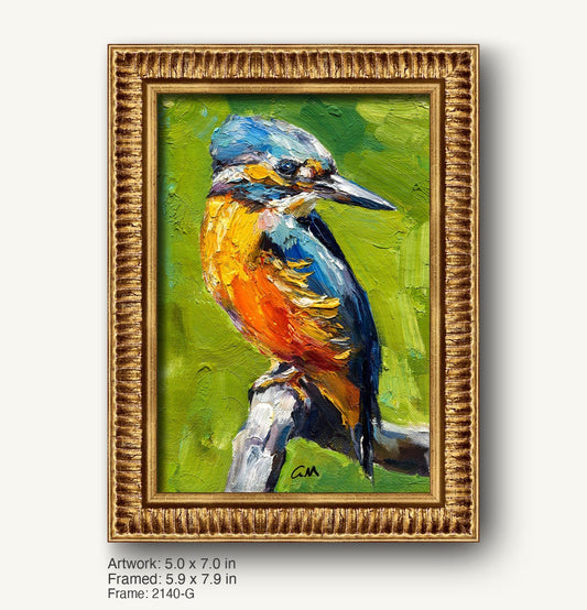 Vibrant oil painting of a kingfisher bird in a warm gold ornate frame, featuring rich blue, orange, and green hues on canvas, signed by artist