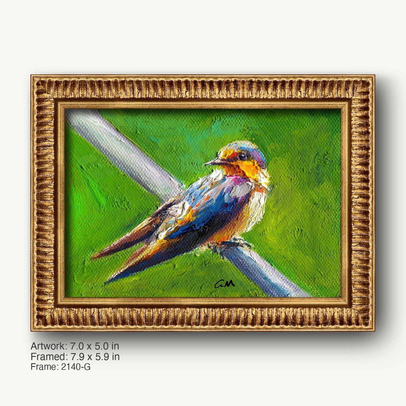 Vibrant oil painting of a colorful bird perched on wire, set in a warm gold ornate frame with textured profile, against a green background