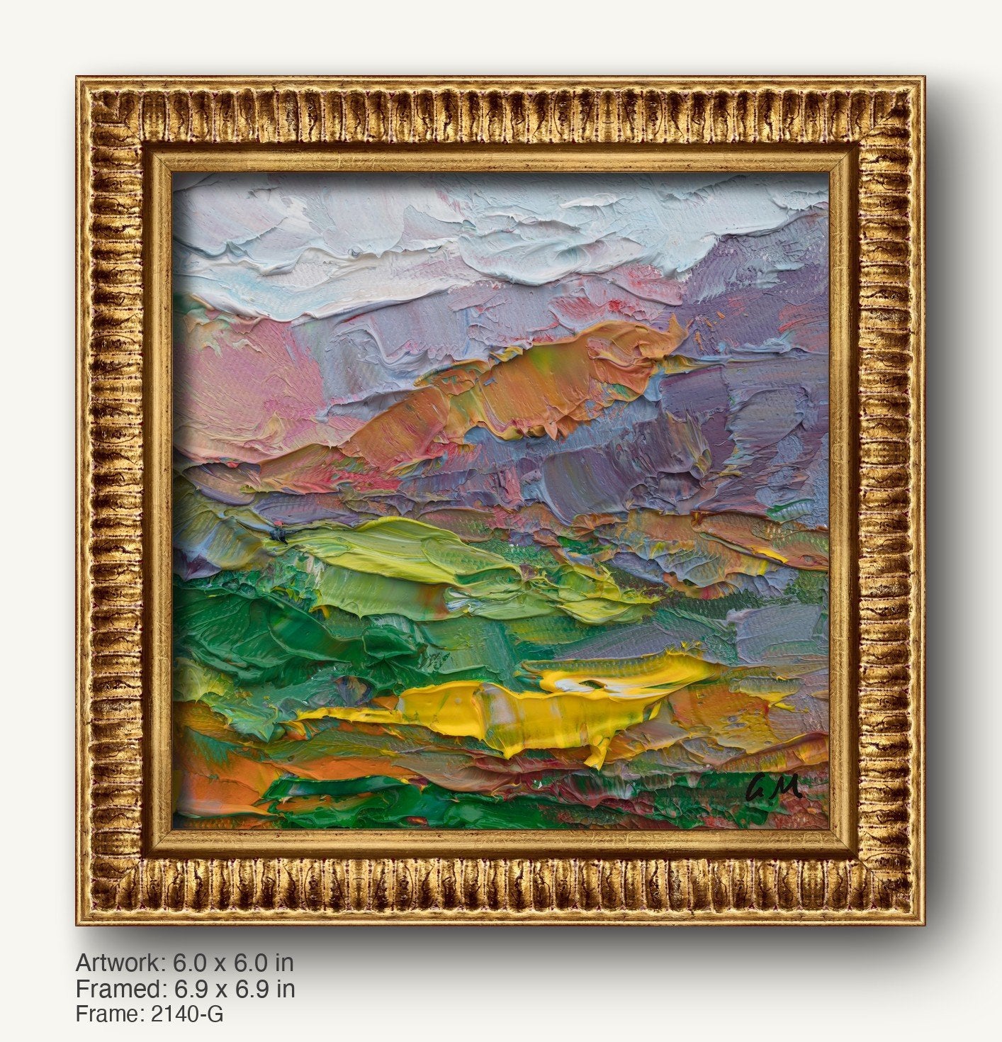 Abstract landscape oil painting with thick impasto texture in warm gold ornate frame, featuring vibrant greens, yellows, and blues on canvas
