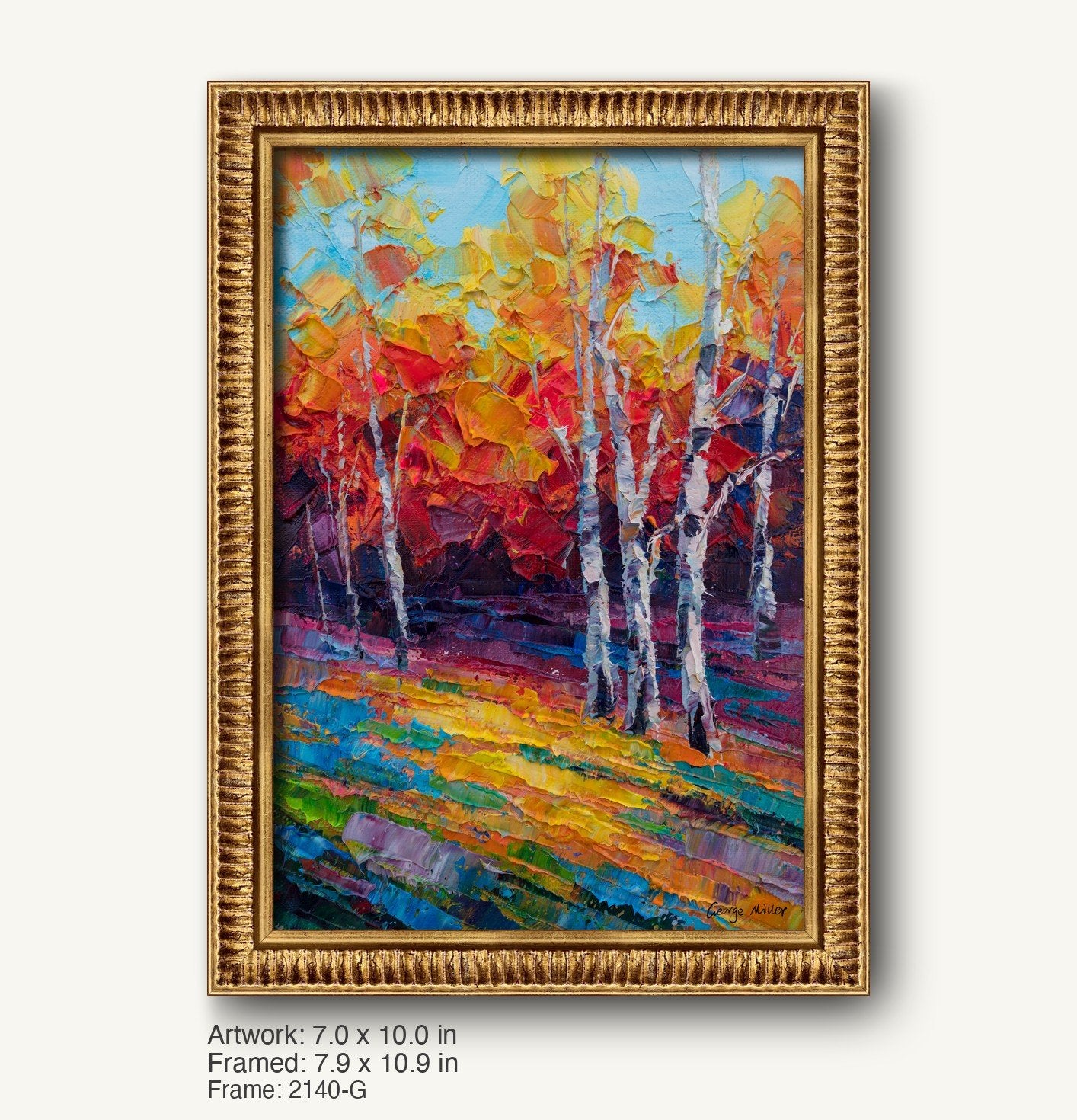 Vibrant autumn birch forest oil painting in a warm gold ornate frame, vertical canvas with textured brushwork and bold red, yellow, and blue hues
