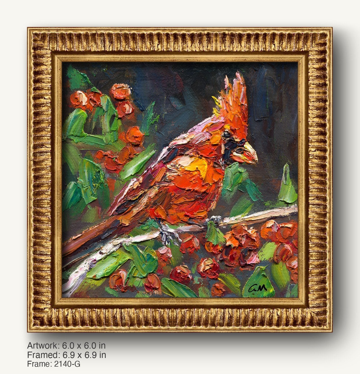 Vibrant oil painting of a cardinal bird perched on a branch with red berries, framed in an ornate warm gold frame with textured ridged profile