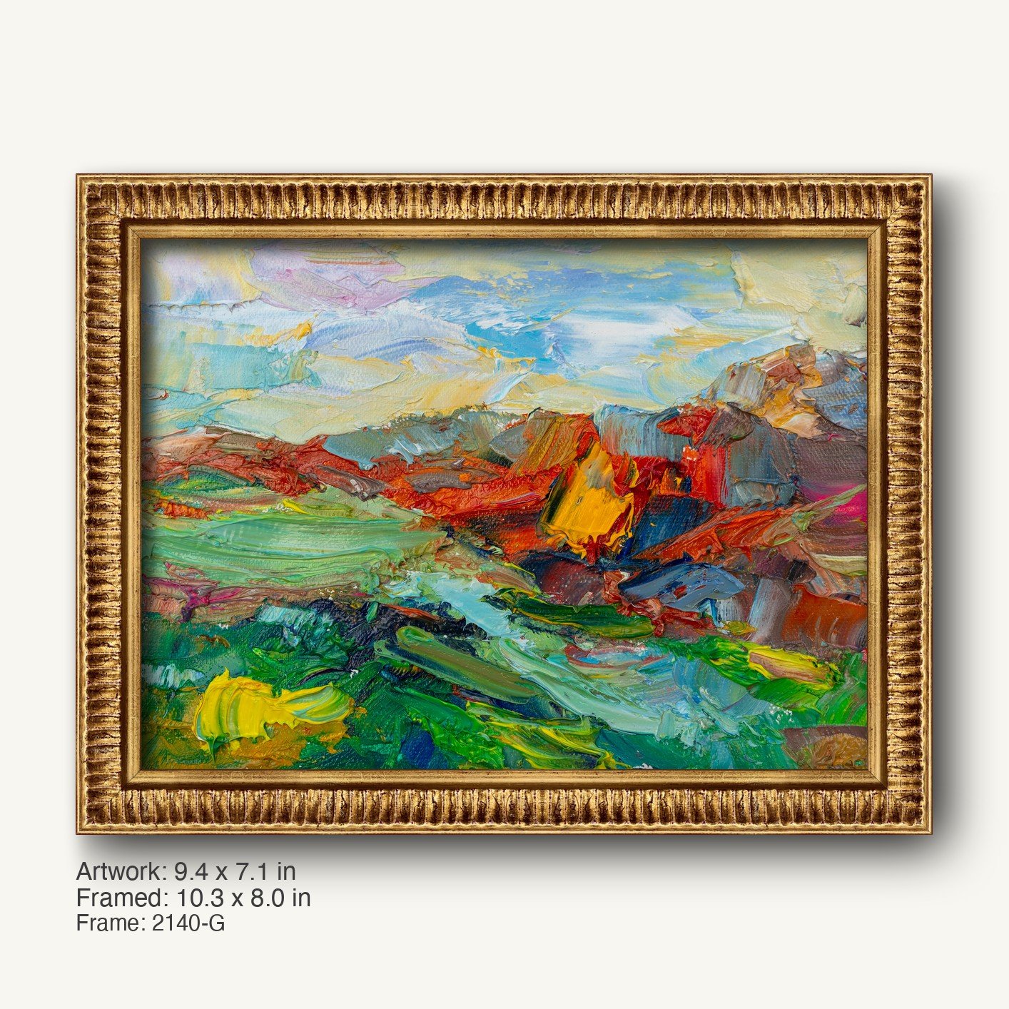 Expressive mountain landscape oil painting in ornate gold frame, vibrant abstract colors on canvas, horizontal composition with textured brushwork