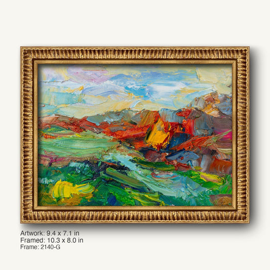 Expressive mountain landscape oil painting in ornate gold frame, vibrant abstract colors on canvas, horizontal composition with textured brushwork