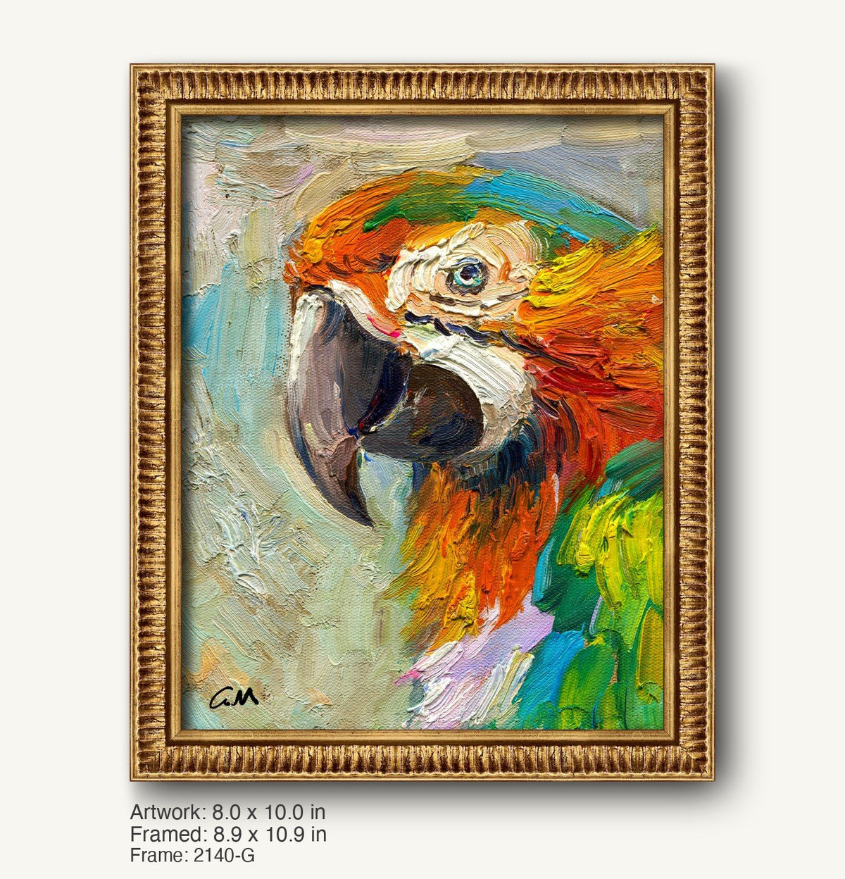 Vibrant oil painting of a macaw in warm gold ornate frame, vertical composition with textured brushwork and bold orange, green, blue colors