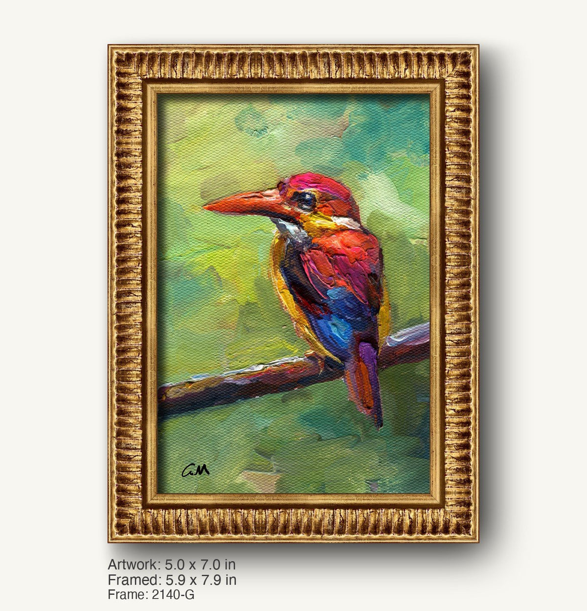 Vibrant oil painting of a kingfisher perched on a branch, framed in ornate warm gold with textured profile, showcasing rich red, blue, and green hues on canvas.