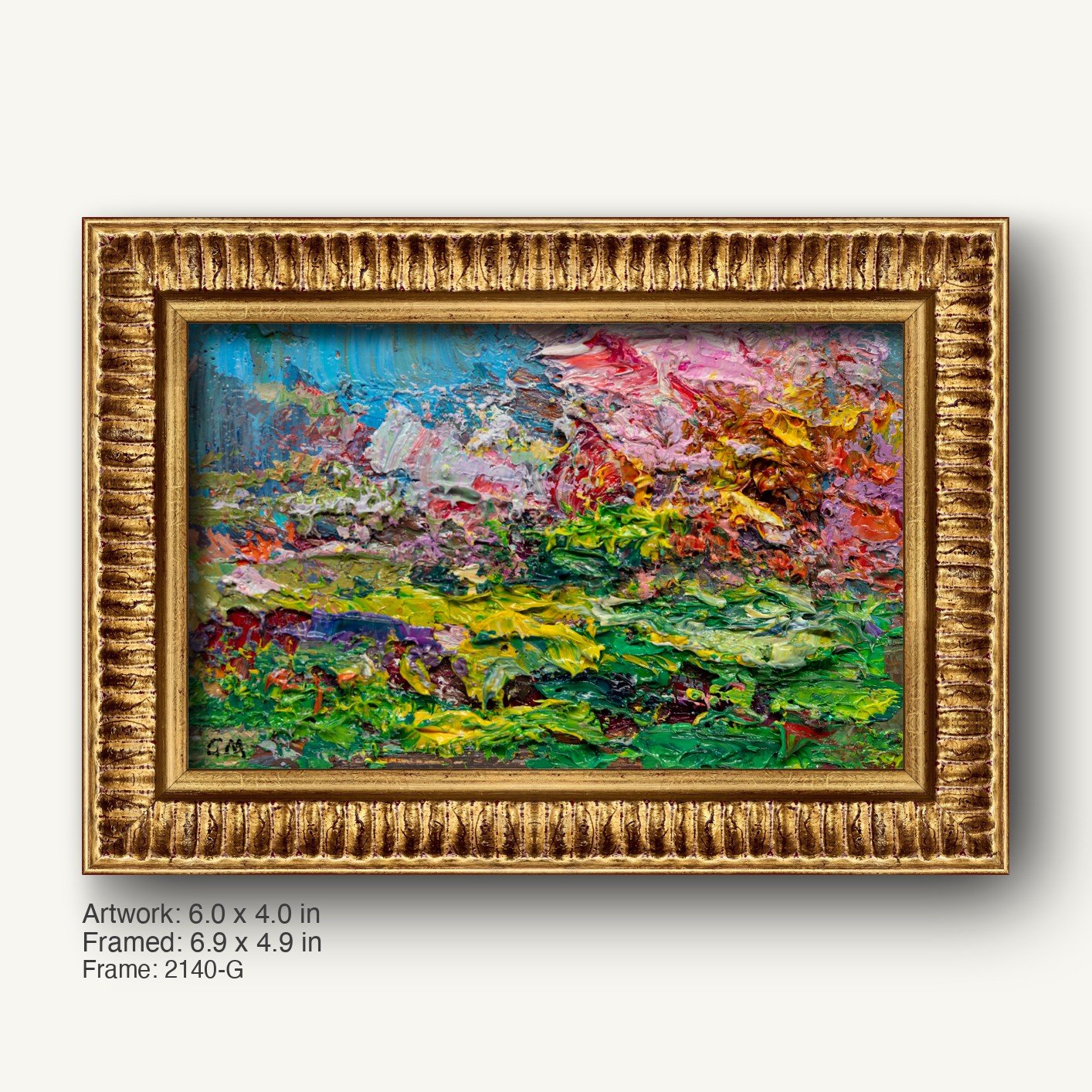 Abstract landscape oil painting with thick impasto texture in a warm gold ornate frame, featuring vibrant greens, blues, and reds on canvas