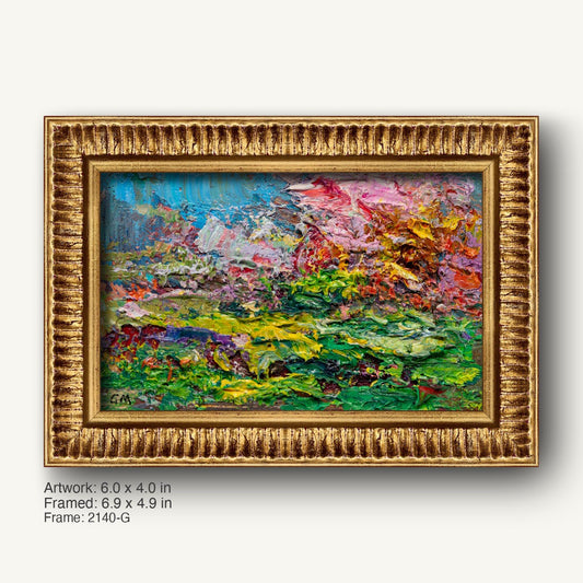 Abstract landscape oil painting with thick impasto texture in a warm gold ornate frame, featuring vibrant greens, blues, and reds on canvas