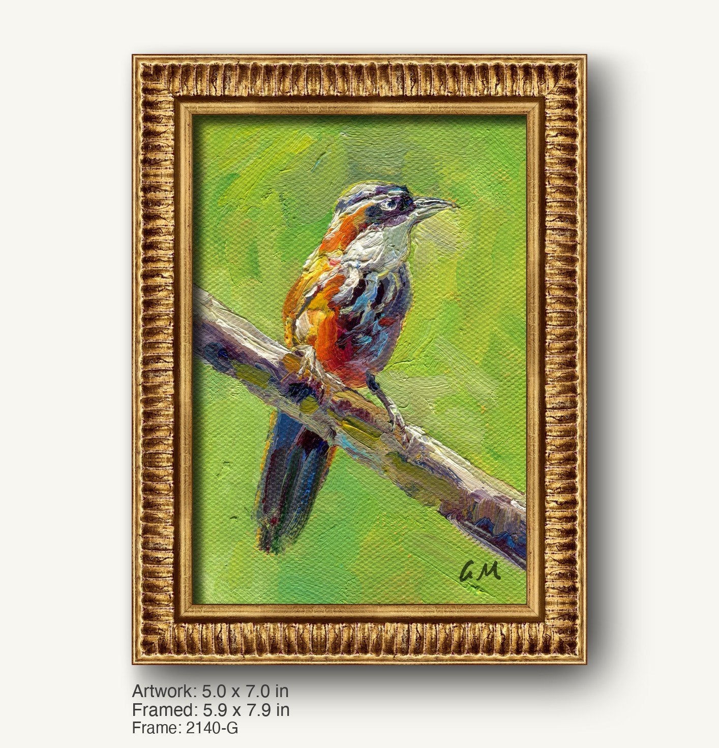 Impressionist oil painting of a colorful bird perched on a branch, framed in a warm gold ornate frame with textured profile, vertical composition