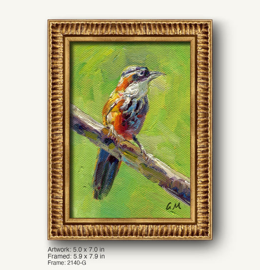 Impressionist oil painting of a colorful bird perched on a branch, framed in a warm gold ornate frame with textured profile, vertical composition