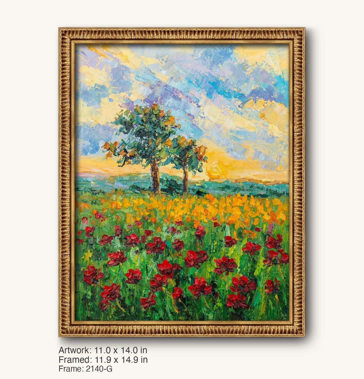 Vertical oil painting of a poppy field at sunset with two trees, framed in a warm gold ornate frame with textured profile