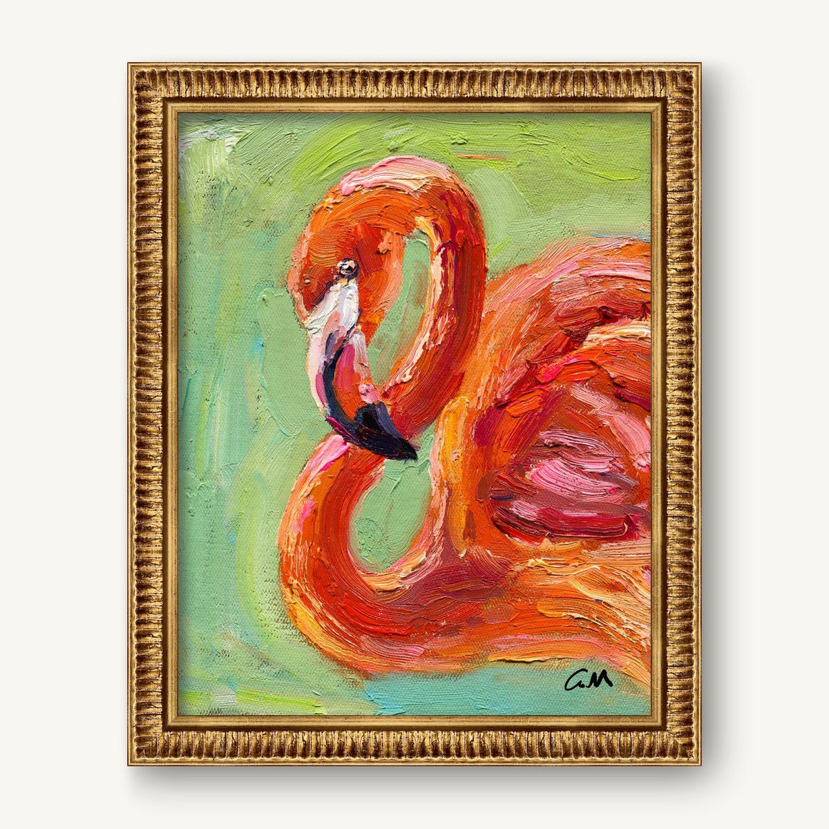 Vibrant oil painting of a flamingo in bold red and pink hues, textured impasto style, framed in ornate gold, vertical composition on canvas