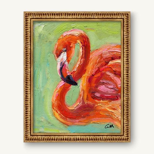 Vibrant oil painting of a flamingo in bold red and pink hues, textured impasto style, framed in ornate gold, vertical composition on canvas