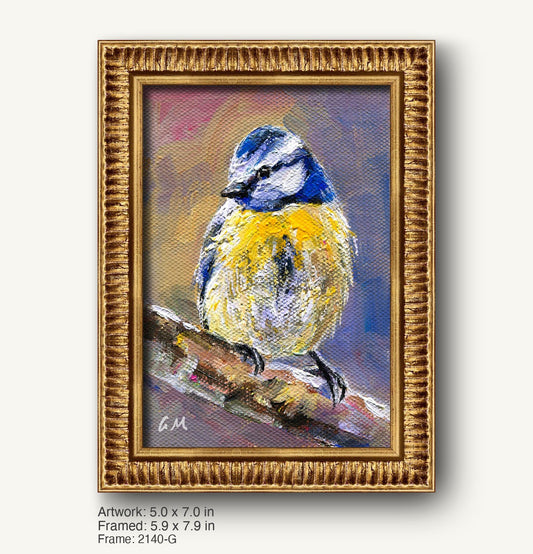 Oil painting of a blue tit perched on a branch, framed in ornate warm gold with textured profile, vertical composition