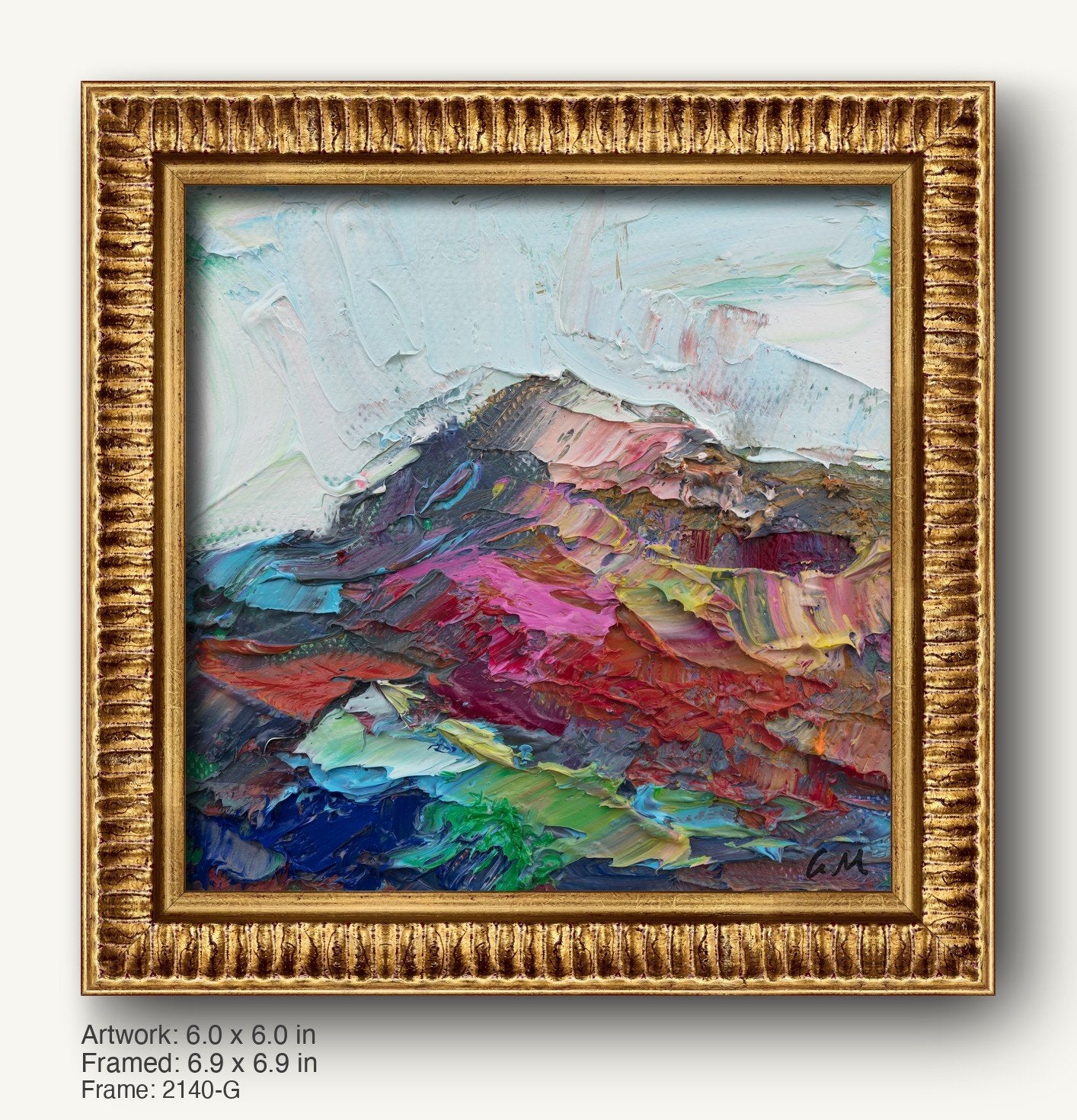 Textured abstract landscape painting in warm gold ornate frame, featuring bold red, blue, and green hues on canvas with visible brushwork and signature