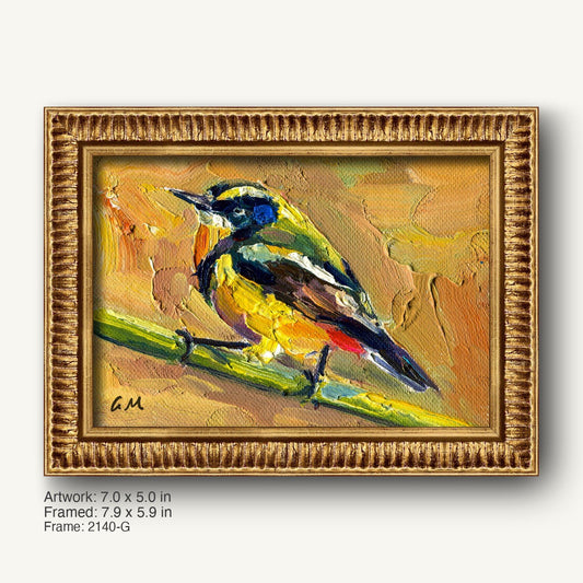 Impasto bird study in gold and blue by G.M., framed in ornate warm gold frame with textured profile, showcasing vibrant yellow and blue bird perched on branch