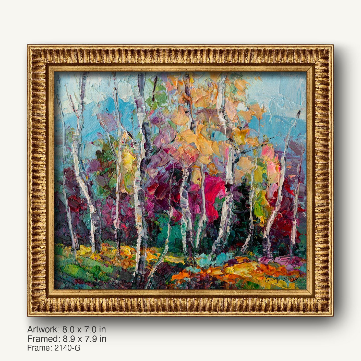 Vibrant oil painting of a birch forest in autumn hues, framed in ornate warm gold with textured ridged profile, vertical composition on canvas