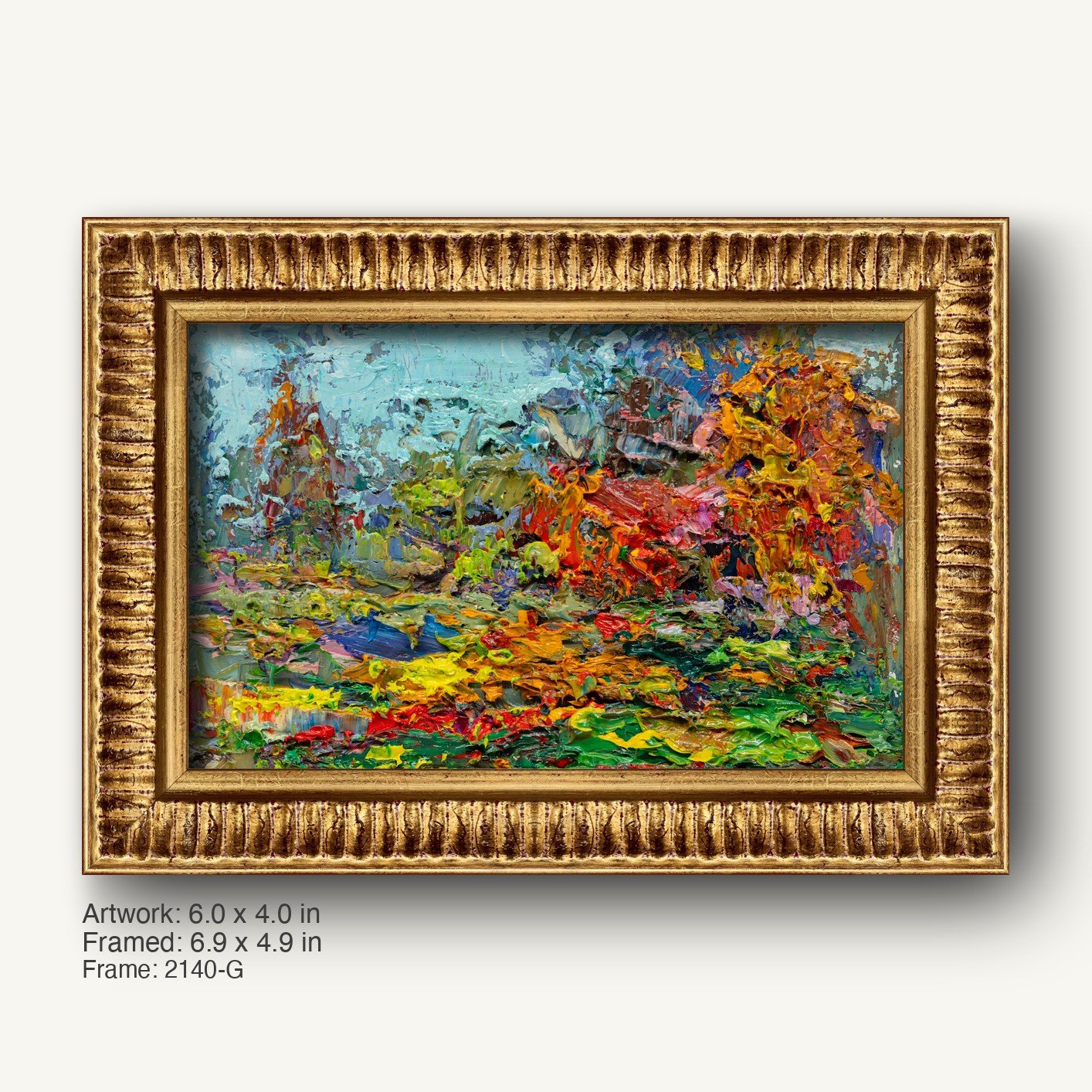 Hand-painted abstract landscape in warm gold ornate frame, vibrant colors on canvas, horizontal composition with textured brushwork