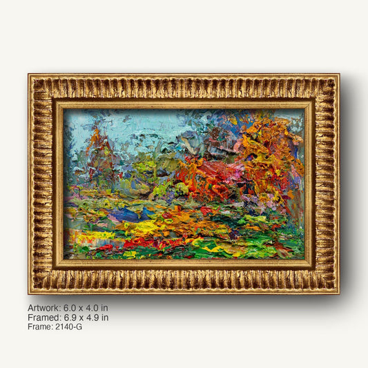Hand-painted abstract landscape in warm gold ornate frame, vibrant colors on canvas, horizontal composition with textured brushwork