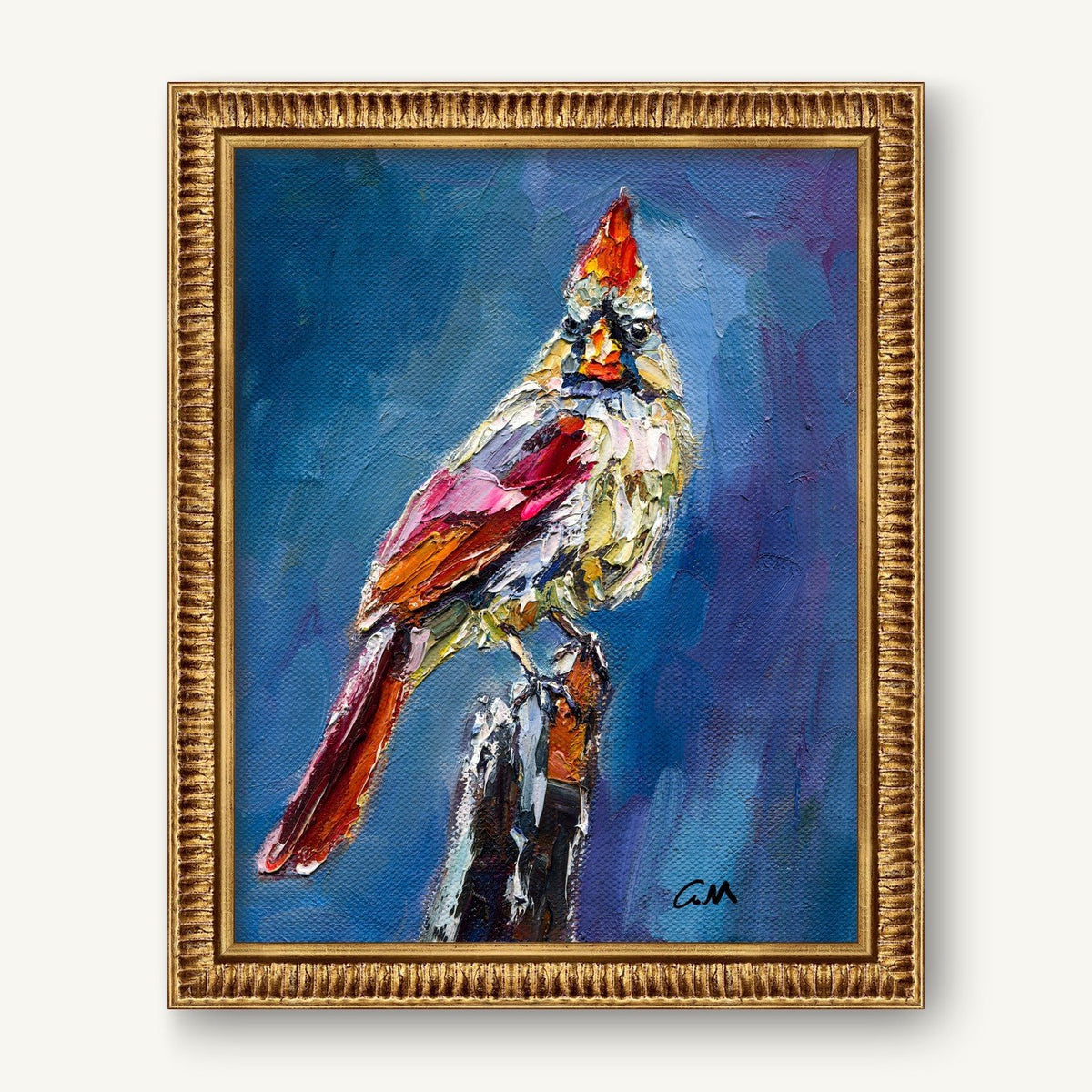 Expressive oil painting of a cardinal bird perched on a branch, framed in gold with textured brushwork and vibrant red, blue, and white hues