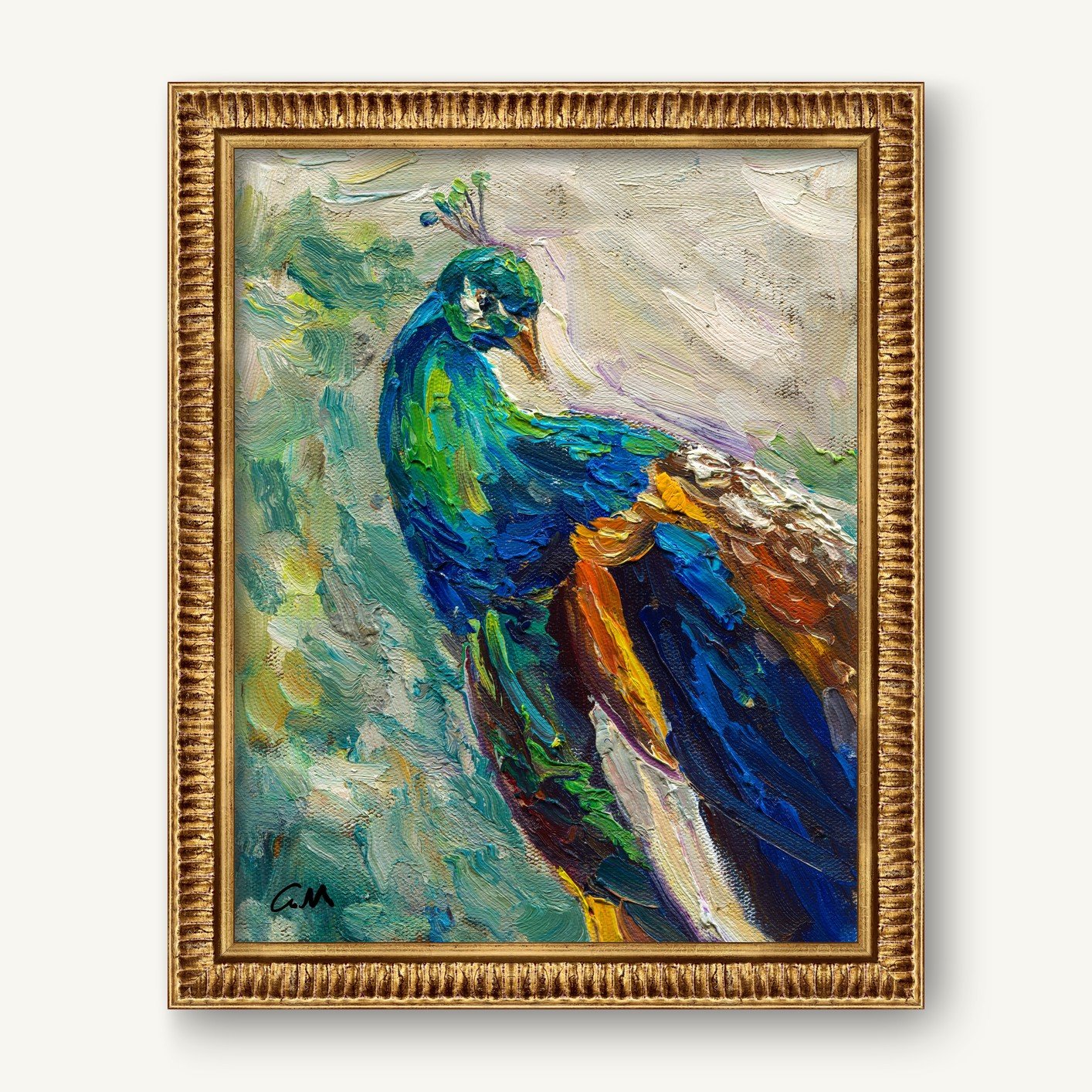 Vibrant oil painting of a peacock in rich blues, greens, and yellows, framed in ornate gold, showcasing textured brushwork and signature G.M.