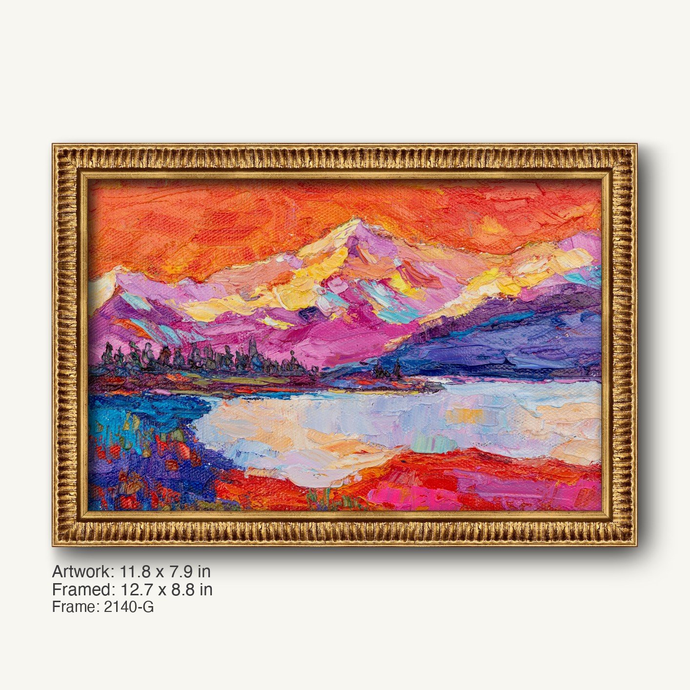 Hand-painted mountain sunset in warm gold ornate frame, vibrant red and purple landscape on canvas, horizontal composition with textured oil paint