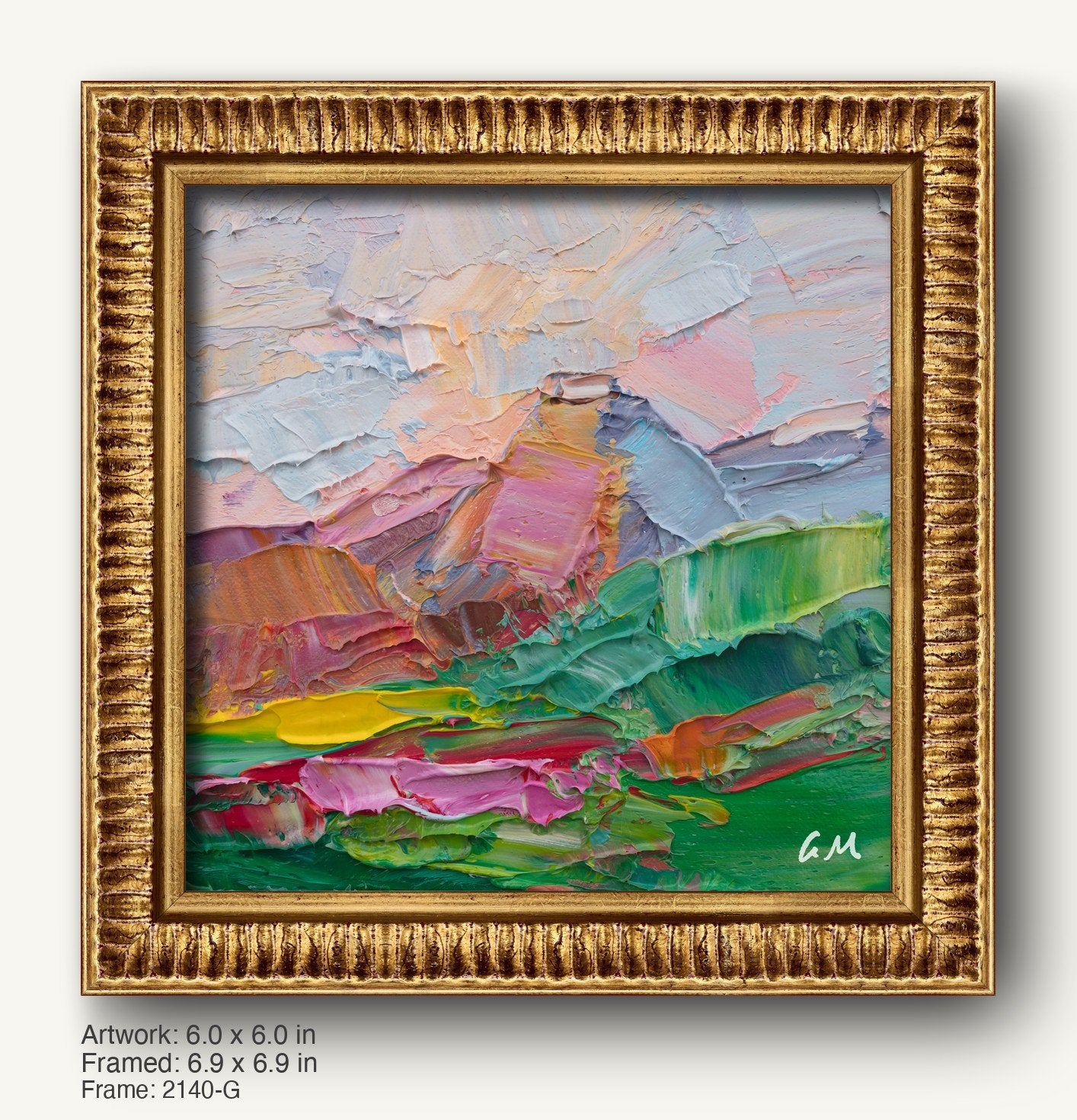 Abstract landscape oil painting in warm gold ornate frame, featuring textured green, pink, and white brushstrokes on canvas, initialed by artist