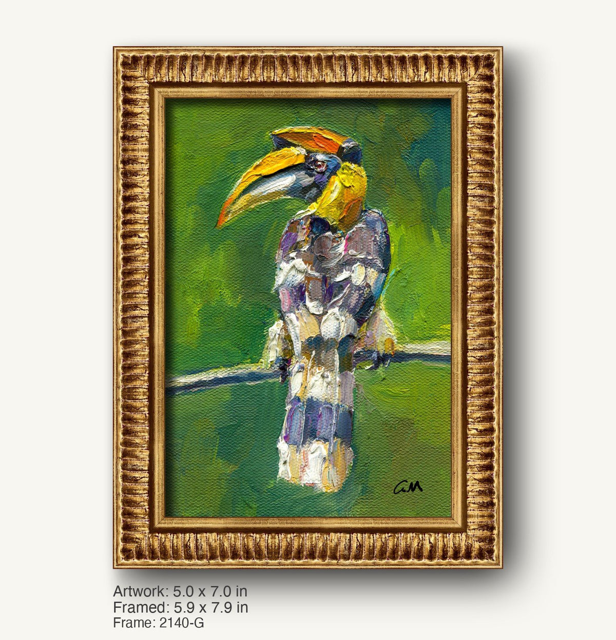 Vibrant oil painting of a toucan in expressive style, framed in ornate warm gold frame with textured profile, set against green background